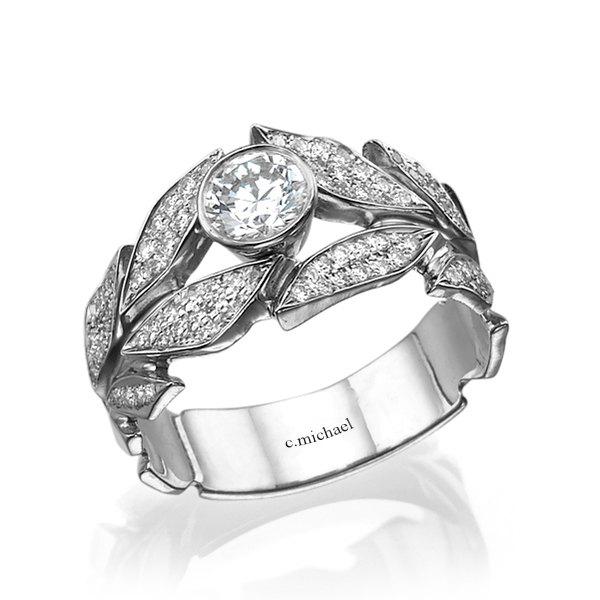 Mariage - Leaves  Engagement Ring, white Gold Ring, Diamond Ring, Art Deco Ring, Wedding Ring, Leaf Ring, halo engagement ring, band ring, 14K Ring