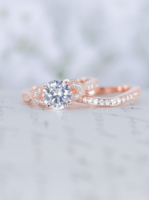 زفاف - Rose Gold Wedding Ring Set - Art Deco Engagement Ring - Vintage Inspired Ring - Antique Style - Round Cut Ring - 1.2 Carat - Sterling Silver