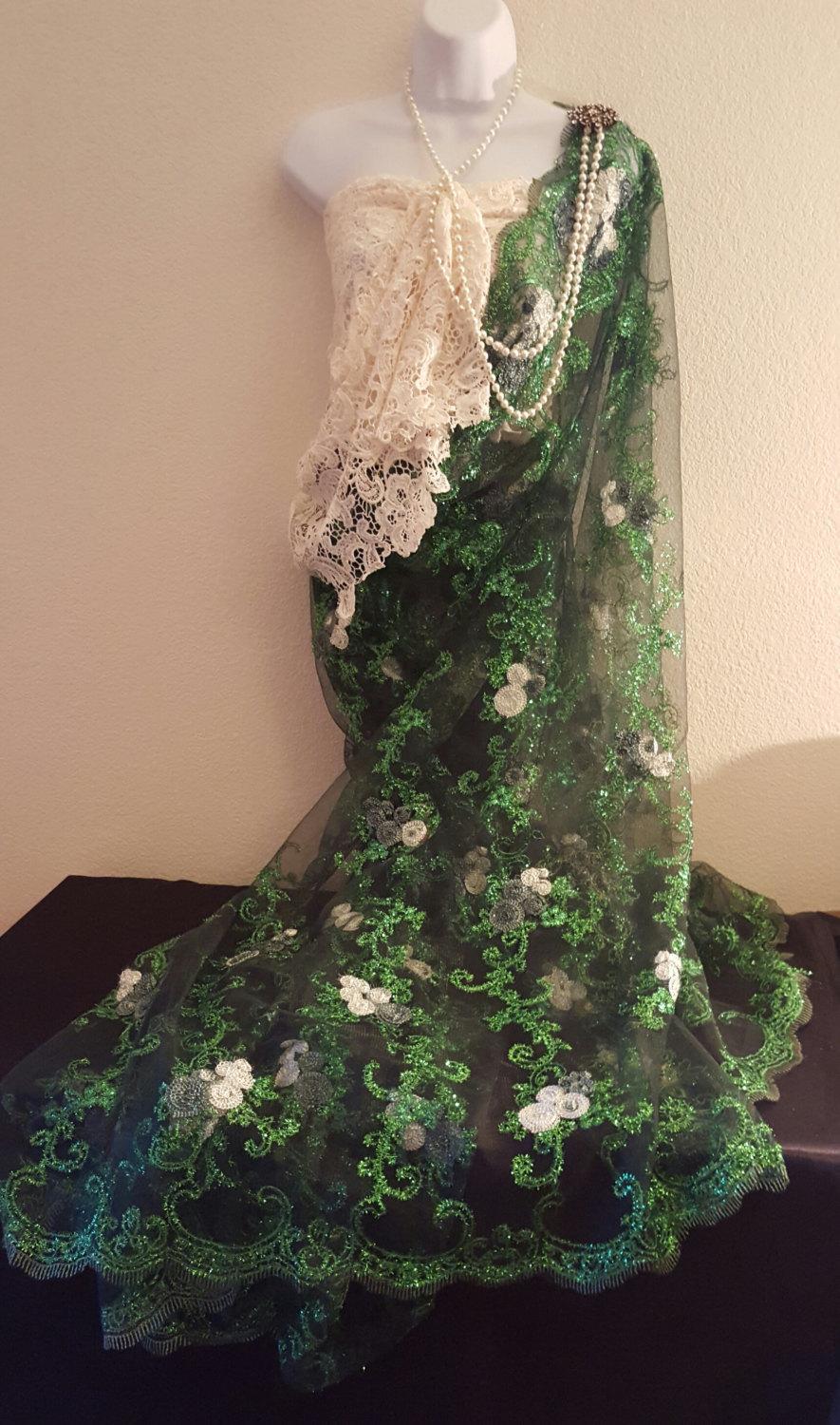 زفاف - Exotic Indian Green And Ivory Embroidered Lace Sari / Saree Dress Bridal Wedding Gown Set Party Costume