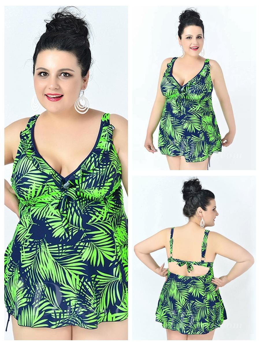 Wedding - Green High Waist Leaf Printed Sexy Halter One Piece Plus Size Swimsuit With Little Skirt