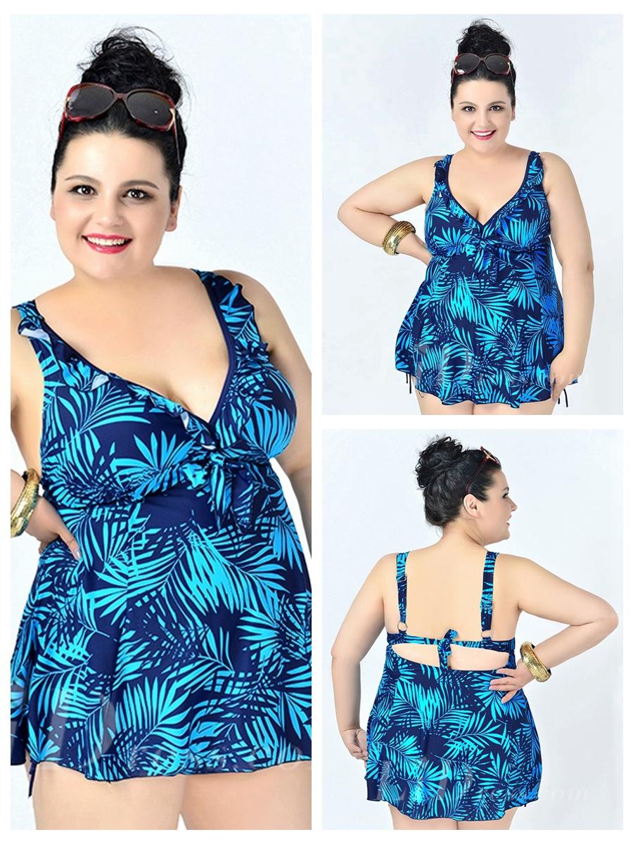 Wedding - Blue High Waist Leaf Printed Sexy Halter One Piece Plus Size Swimsuit With Little Skirt