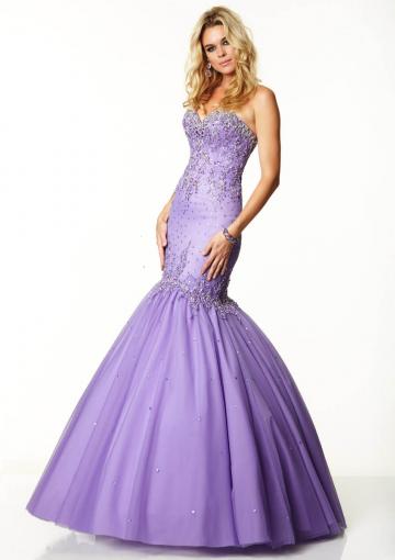 Mariage - Lilac Blue Sleeveless Crystals Beding Sweetheart Lace Up Tulle Floor Length Mermaid