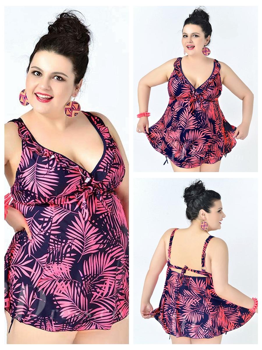 Wedding - Watermelon Red High Waist Leaf Printed Sexy Halter One Piece Plus Size Swimsuit With Little Skirt Lidyy1605241079