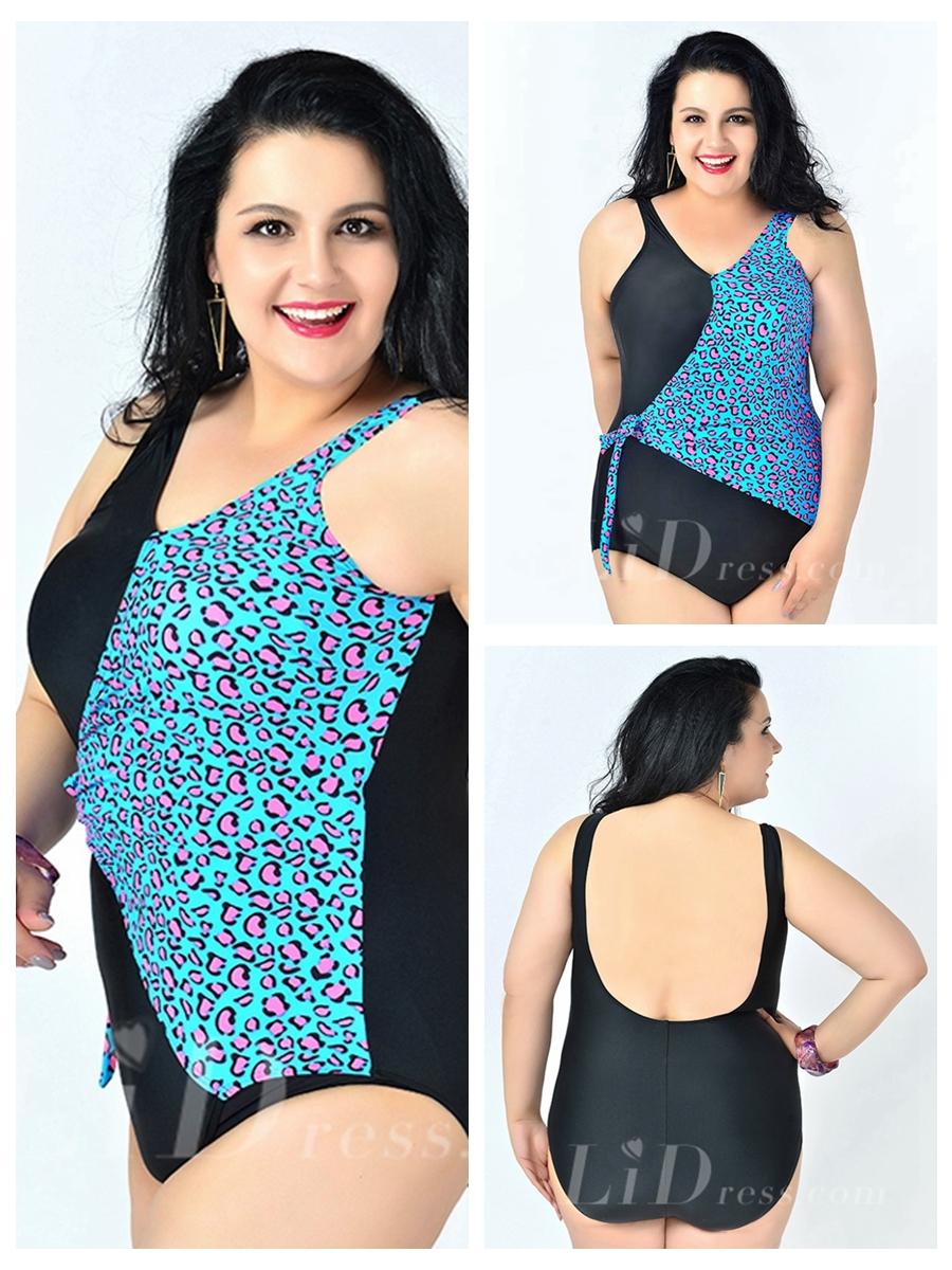 Mariage - Black And Sky Blue High Flexibility Colorful Printed Sexy Halter One Piece Plus Size Swimsuit Lidyy1605241077