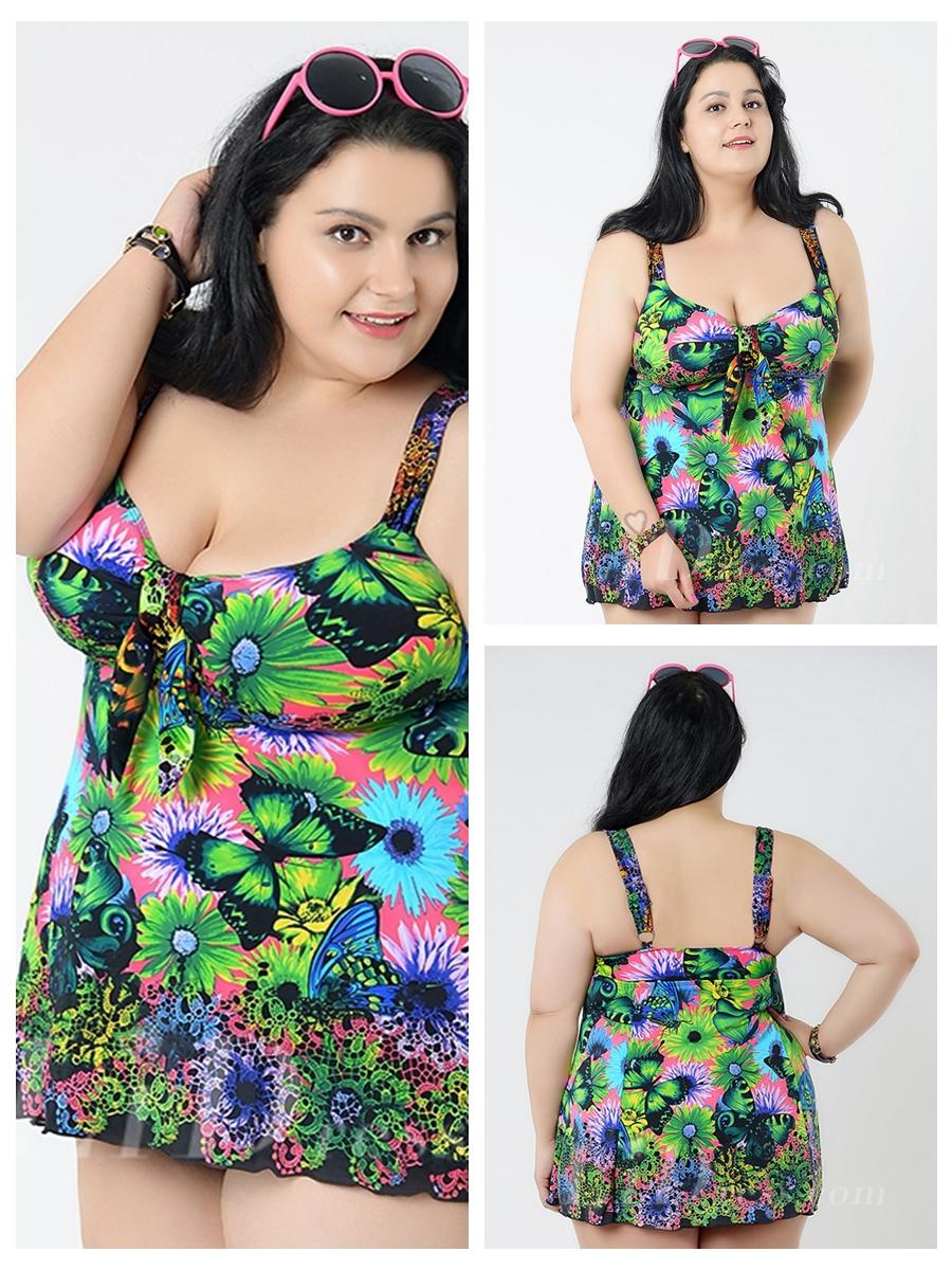 Wedding - Green Flower Conservative Colorful Printed High Elasticity Plus Size Swimsuit With Little Skirt Lidyy1605241070