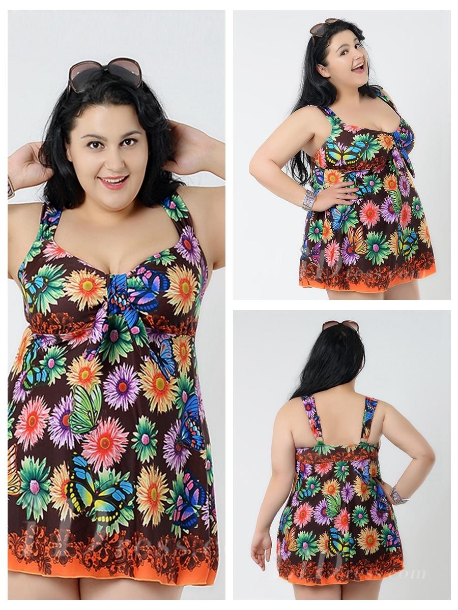Свадьба - Brown Flower Conservative Colorful Printed High Elasticity Plus Size Swimsuit With Little Skirt Lidyy1605241068