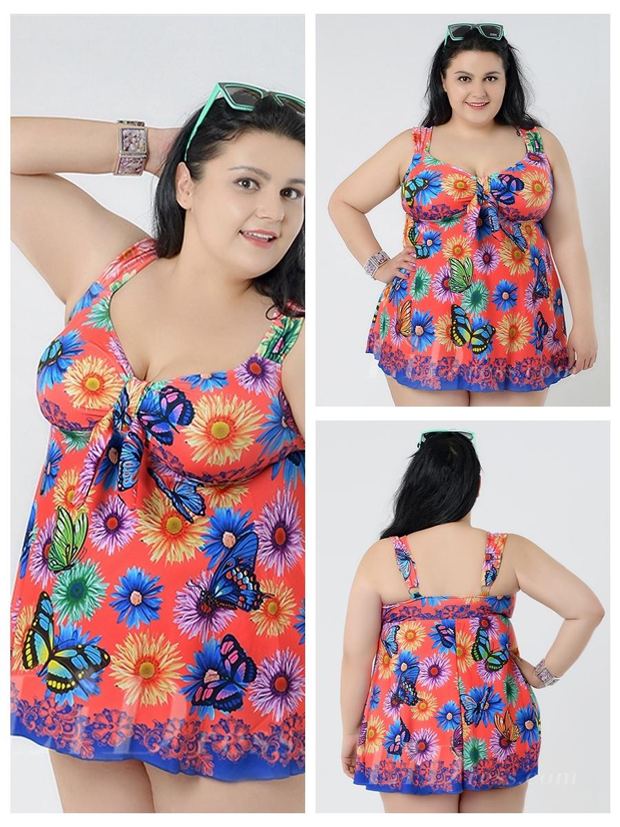 Wedding - Watermelon Red With Flower Conservative Colorful Printed High Elasticity Plus Size Swimsuit With Little Skirt Lidyy1605241065