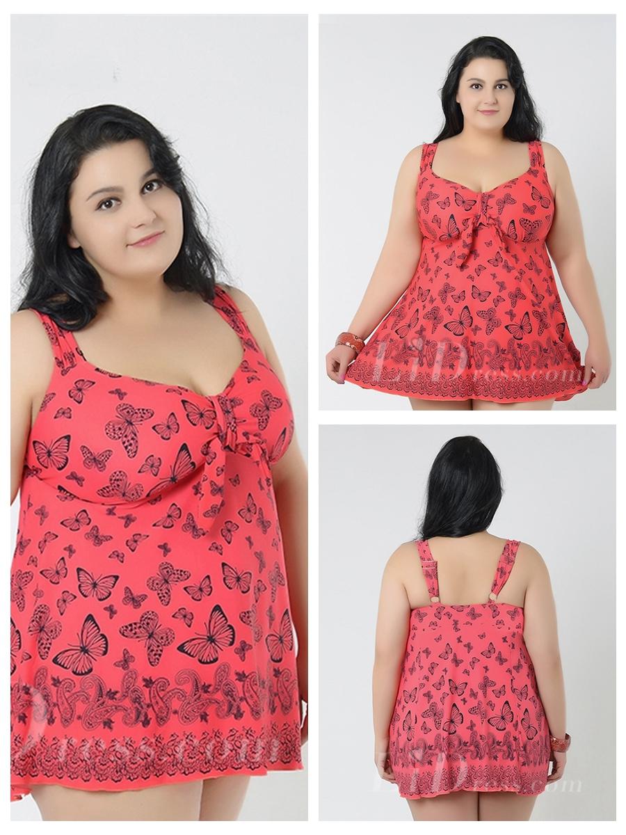 Wedding - Watermelon Red With Butterfly Conservative Colorful Printed High Elasticity Plus Size Swimsuit With Little Skirt Lidyy1605241063