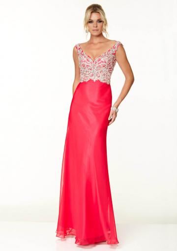 Mariage - Red Blue Appliques Crystals Open Back V-neck Floor Length Chiffon