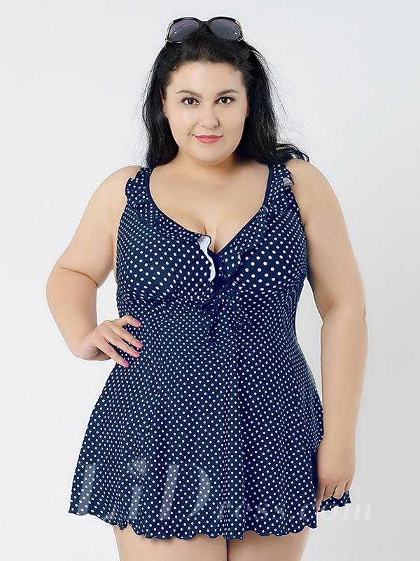 Wedding - Dark Blue Dot Conservatism Floral Printed Halter Two-Piece Plus Size Swimsuit With A Little Skirt Lidyy1605241060
