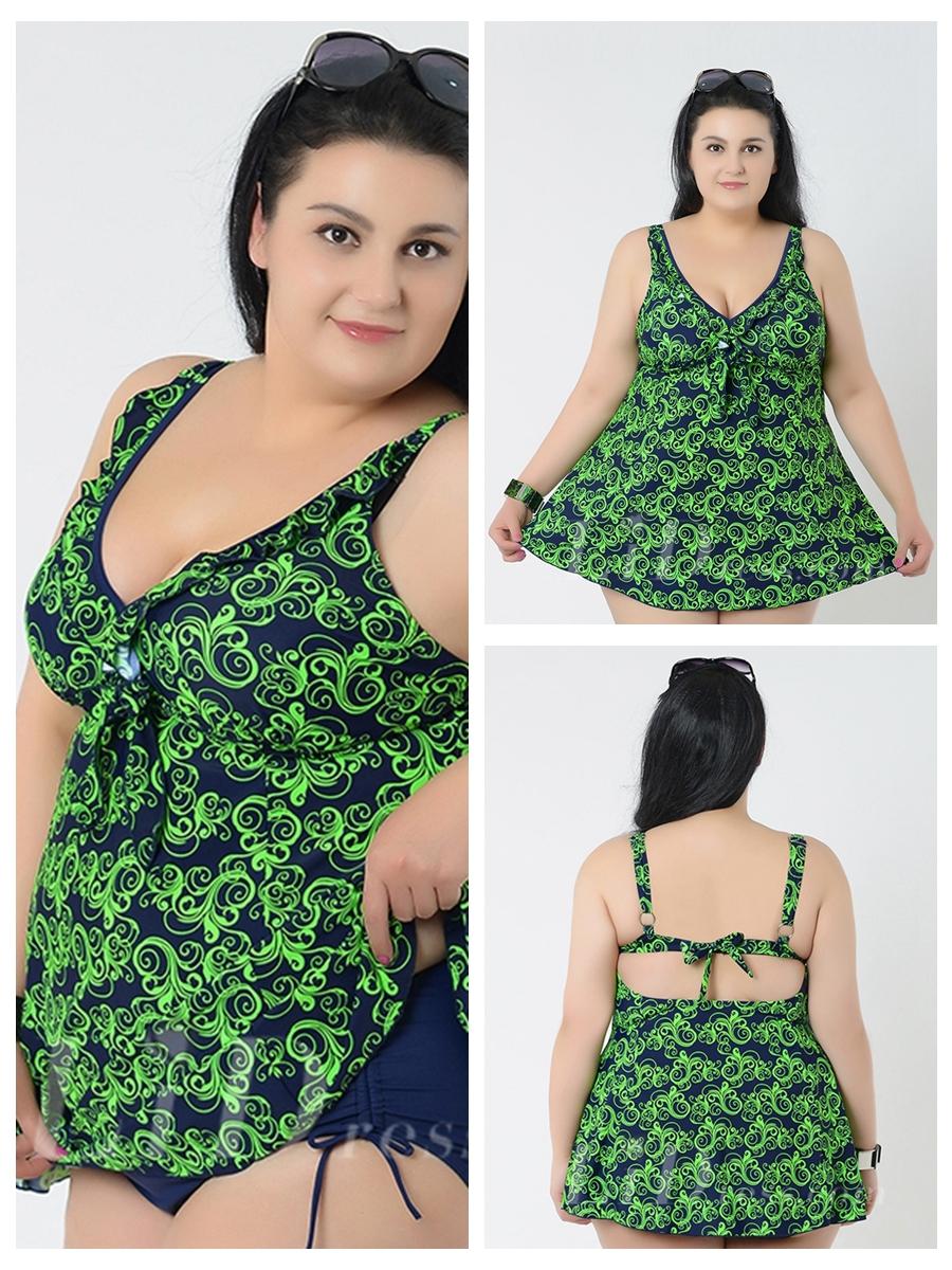 Wedding - Green Conservatism Floral Printed Halter Two-Piece Plus Size Swimsuit With A Little Skirt Lidyy1605241058