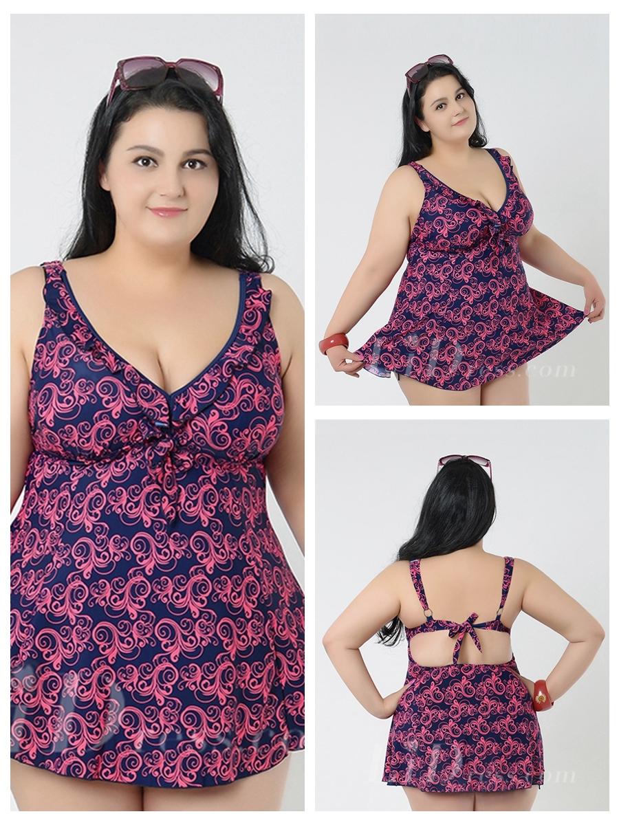 Wedding - Red Conservatism Floral Printed Halter Two-Piece Plus Size Swimsuit With A Little Skirt Lidyy1605241056