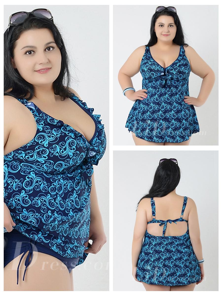 زفاف - Blue Conservatism Floral Printed Halter Two-Piece Plus Size Swimsuit With A Little Skirt Lidyy1605241057