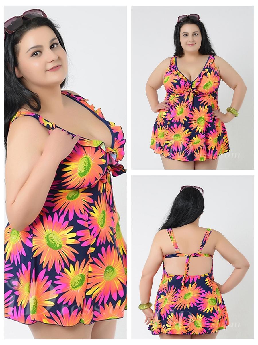 زفاف - Dark Blue And Orange Flower Printing Plus Size Sexy Womens Swimsuit Lidyy1605241054