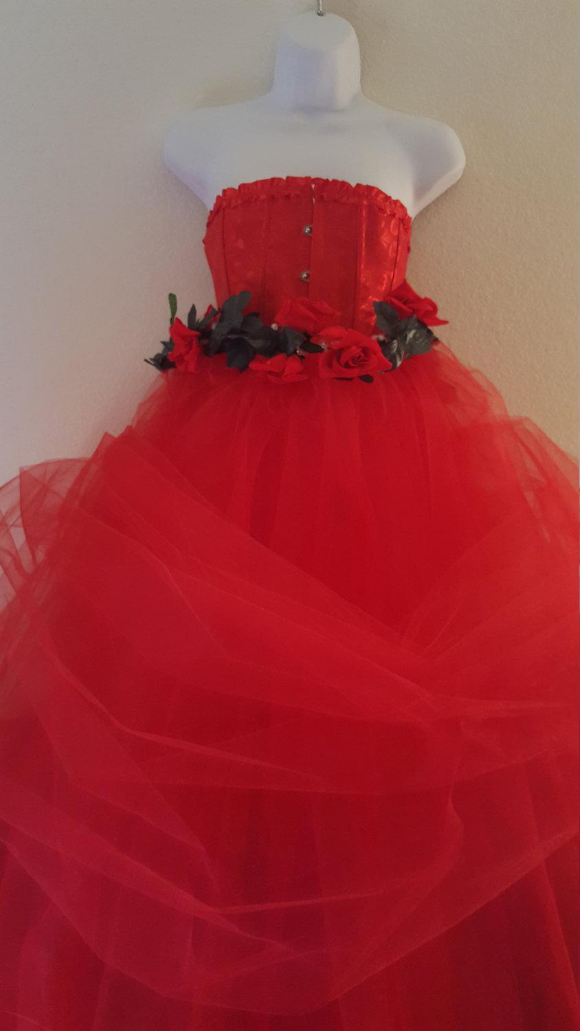 Mariage - Victorian Inspired Valentine Rose Goddess Romantic Red Corset Tulle Ball Gown Dress Bridal Wedding Gown Party Costume