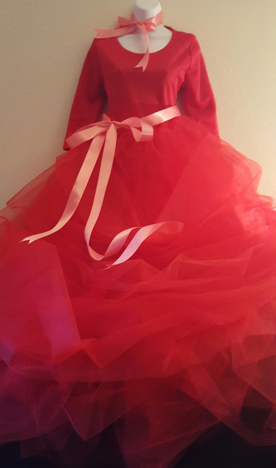 زفاف - Romantic Grace Kelly Inspired Red 3/4 Sleeve Ribbon Accent Tulle Ball Gown Dress Bridal Wedding Gown Party Costume