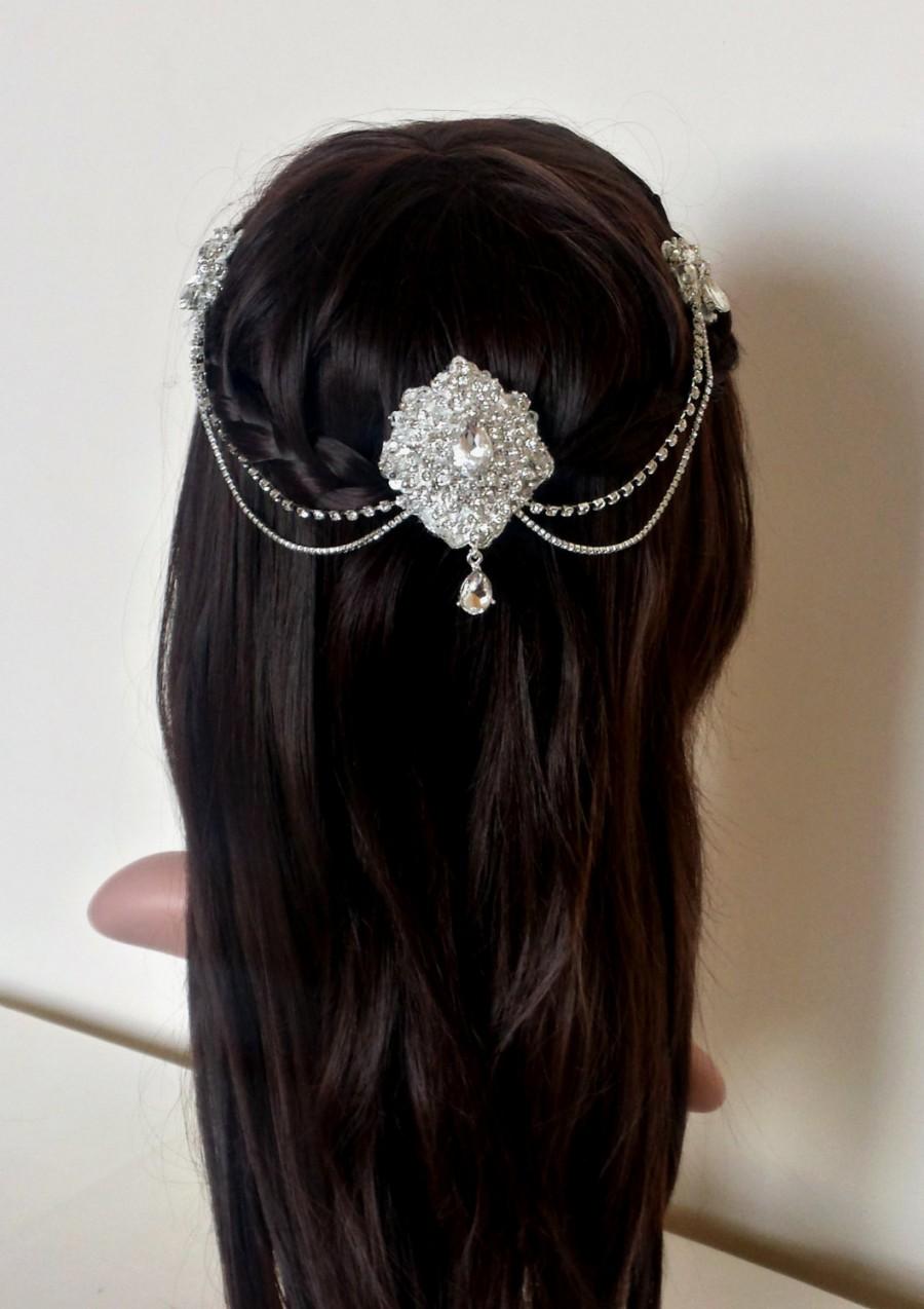Hochzeit - Vintage style headpiece, antique style drop headpiece, hair drape, Art Deco wedding,  diamond drape, wedding drapes, head jewelry chain