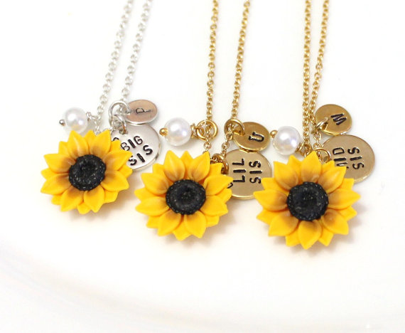 Wedding - Yellow Sunflower, Lil Sis, Mid Sis & Big Sis Necklace, Gift for Sisters, Personalized Necklace, Custom Gift, Initial Necklace, Sister Gift
