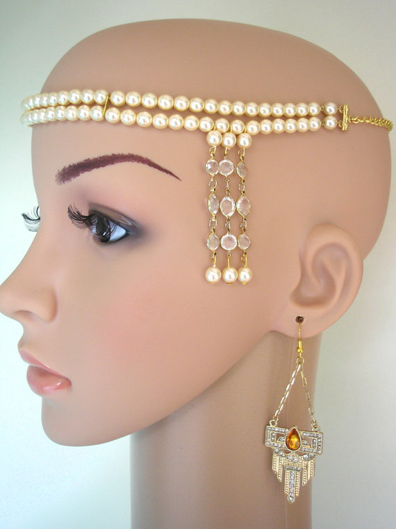 Mariage - Gatsby Headpiece, Pearl Headband, Art Deco Forehead Band, Pearl Headdress, Gatsby Bridal Jewelry, Head Chain, 1920s Flapper, Gatsby Wedding