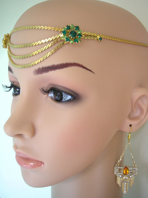 زفاف - Great Gatsby Headpiece, Art Deco Headband, Emerald Band, Head Chain, Rhinestone, Peridot, Wedding Hair Accessory, Vintage Art Deco Headpiece