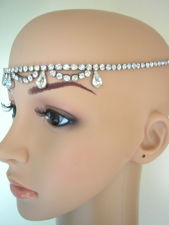 Wedding - Art Deco Headpiece Great Gatsby Crystal Headband 1920s Bridal Accessories Rhinestones Tikka Upcycled Vintage Diamante Hairband Wedding