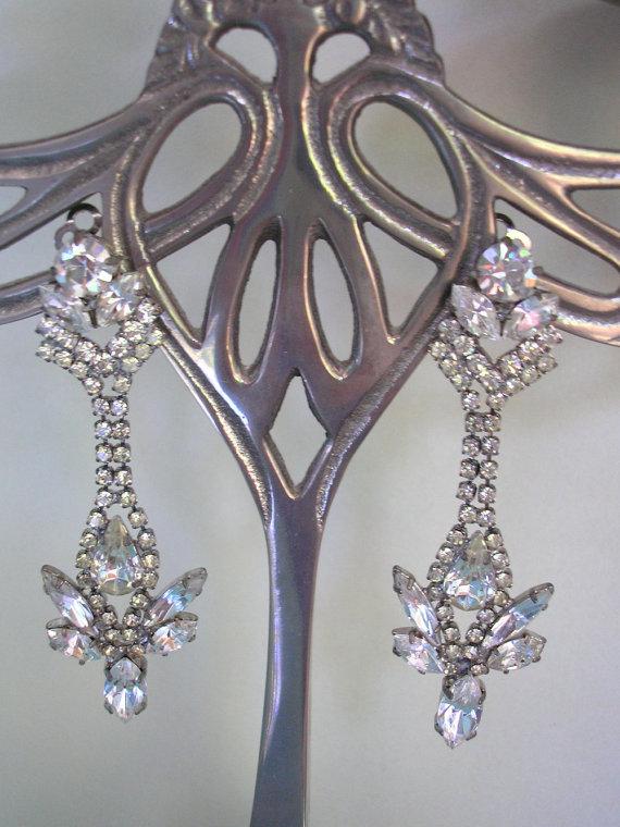زفاف - Crystal Bridal Earrings, Vintage Wedding Jewelry, Clip On Earrings, Dangle, Rhinestone, Diamante, Great Gatsby, Art Deco, Wedding Earrings