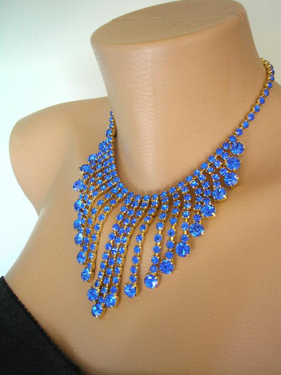 Mariage - Cobalt Blue Necklace Crystal Statement Necklace Gatsby Jewelry Rhinestone Bib Diamante Waterfall Vintage Collar Bridal Choker Art Deco