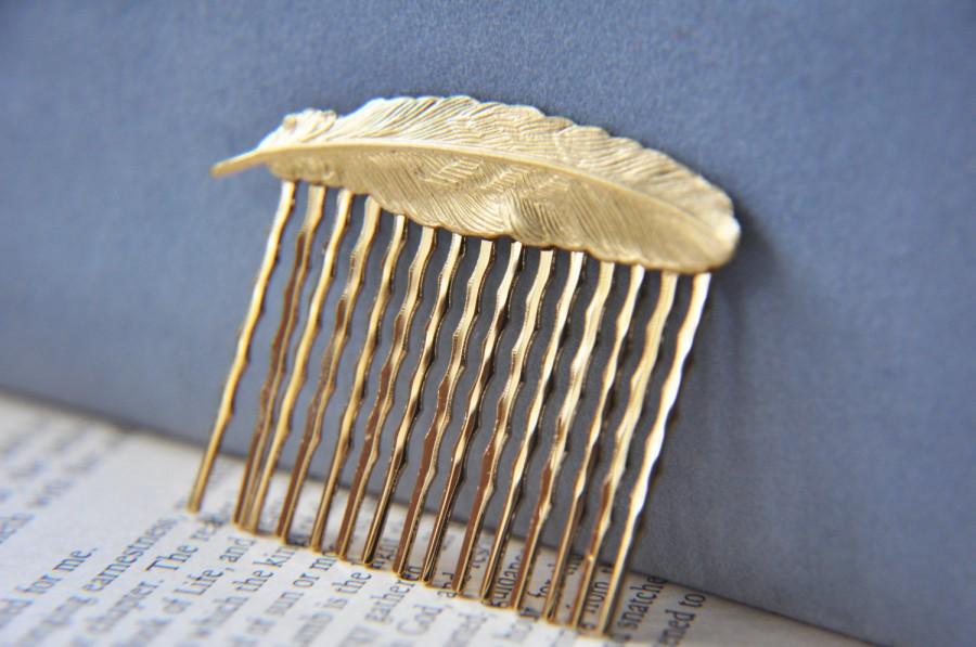 Wedding - Feather Hair Comb, Feather Comb, Gold Feather Comb, Gold Feather, Woodland Wedding, Rustic Wedding, Bridesmaids gift, Boho,Bohemian jewelry