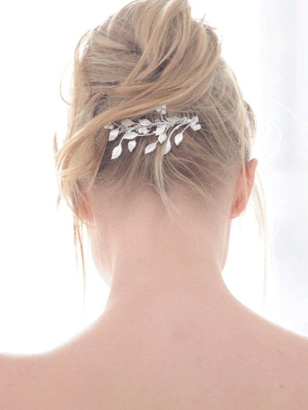 Hochzeit - Silver leaf wedding comb - leafy pearl bridal comb - leafy bridal headpiece - grecian comb backpiece - Rosemary comb