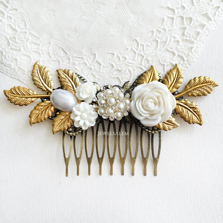 Hochzeit - Gold Wedding Hair Accessory White Pearl Hair Slide Pearl Comb for Bridesmaid Bridal Headpiece Vintage Style Elegant Bride