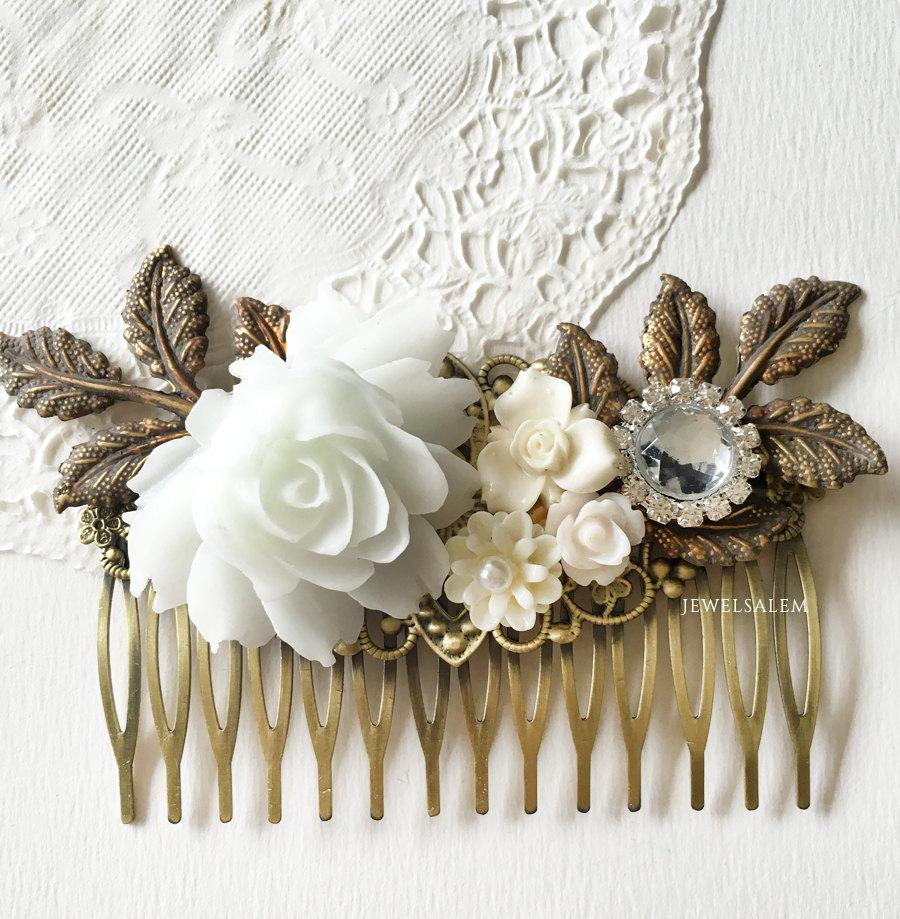 Mariage - Bridal Wedding Headpiece Romantic Elegant White Silver Rhinestone Hair Adornment Vintage Style Flower Headpiece Bridesmaids Comb Gift