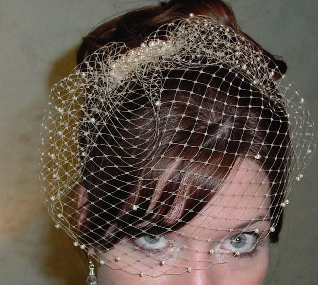 Свадьба - Small Birdcage Blusher Wedding Veil with Pearls on a Pearl and Crystal Comb Made to Order
