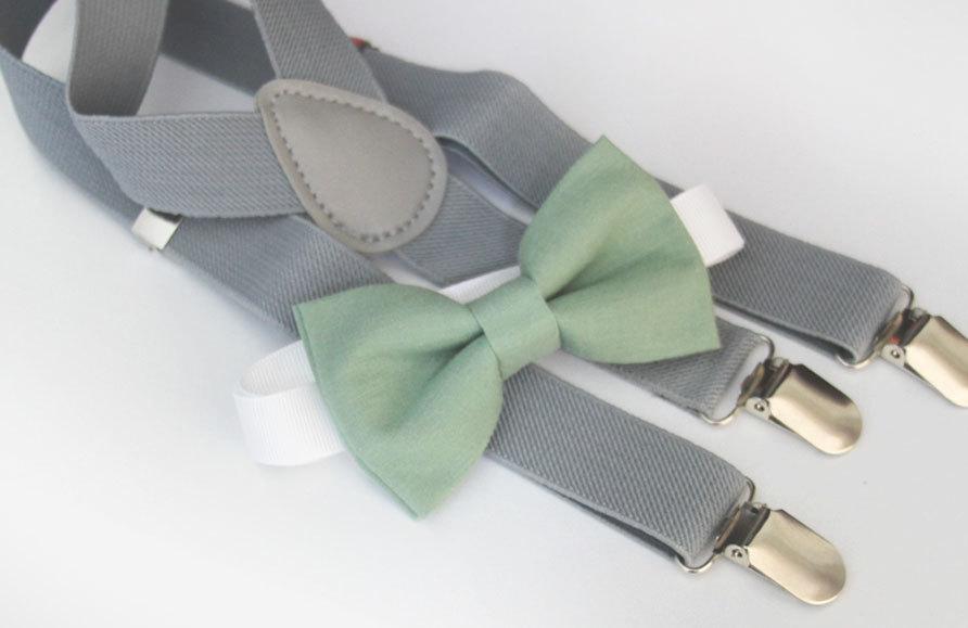 Hochzeit - Sage green bow-tie & Light gray elastic suspender set, Adjustable neck strap and suspender, suspender and bow tie