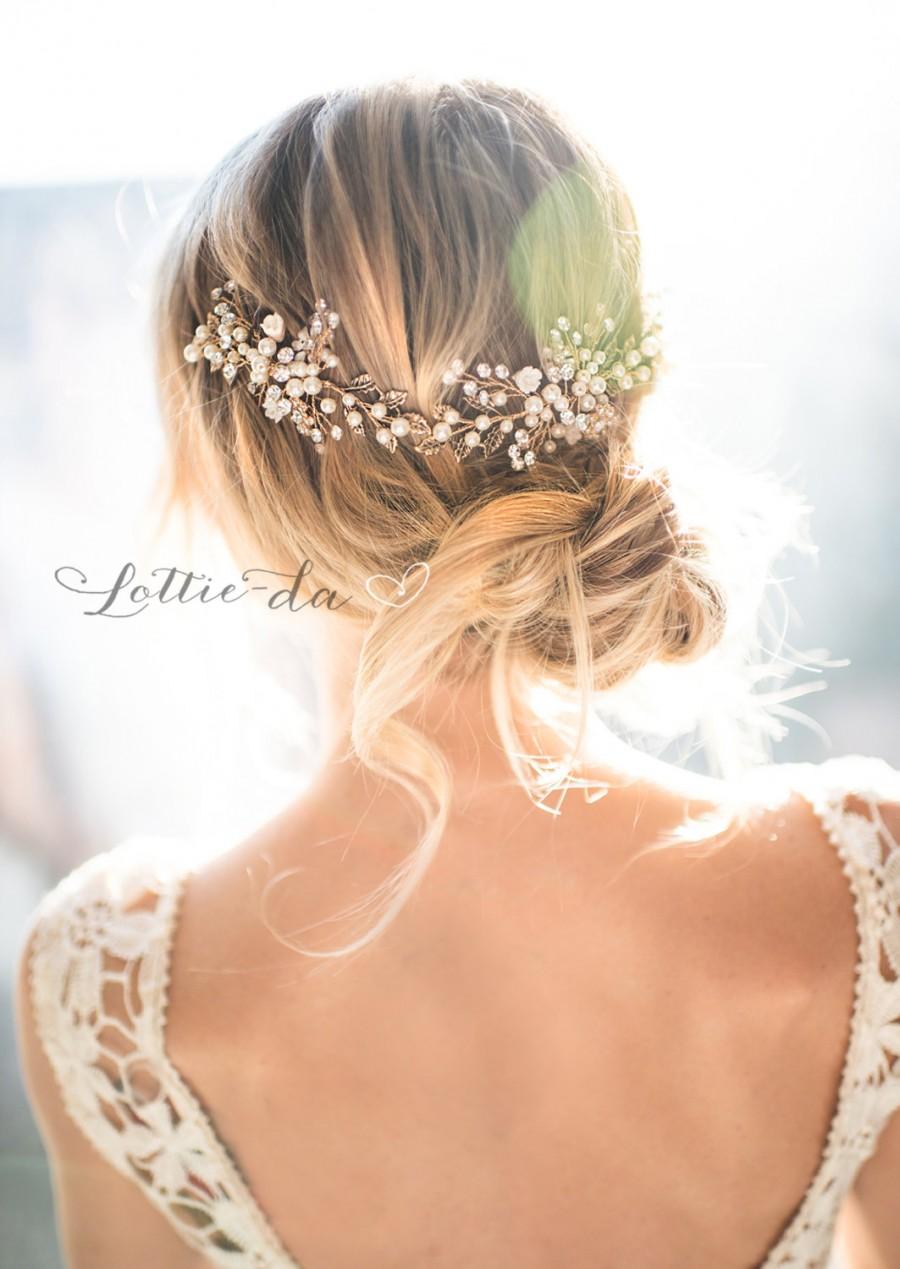 Wedding - Gold Boho Hair Halo, Bridal Pearl Flower Hair Crown, Hair Vine, Hair Wreath, Wedding Pearl Hair Vine, Boho Wedding Headpiece - 'ZINNIA'