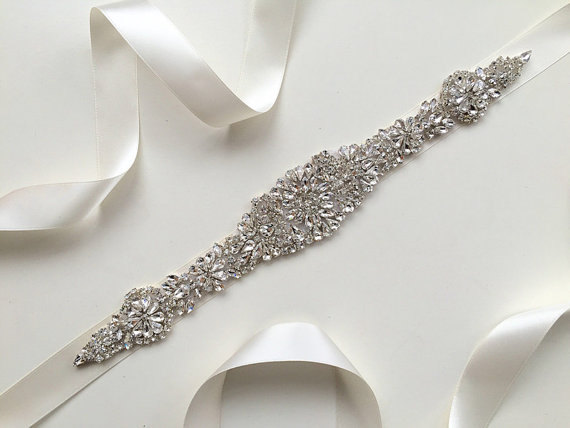 Hochzeit - SALE rhinestone bridal applique, crystal applique for wedding sash, beaded belt, bridal belt