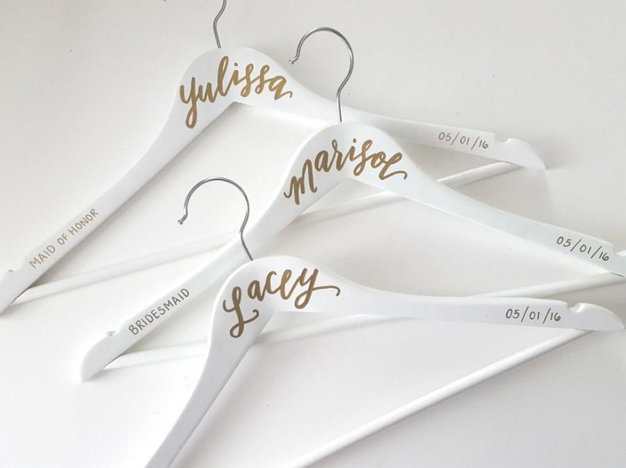 Hochzeit - Personalized Hand Lettered CALLIGRAPHY BRIDESMAID HANGER - One (white, three lines)