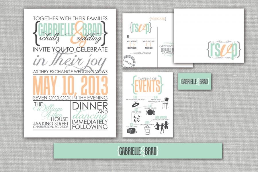 زفاف - Printable Wedding Invitation, RSVP, Info card, Monogram with Modern Design - Mint and Peach, Custom design - “Modern Vintage”