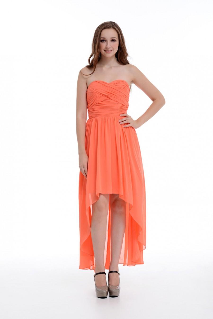 Mariage - Coral High-Low Sweetheart Peach Chiffon Bridesmaid Dress, Asymmetrical Chiffon Dress With Ruffle