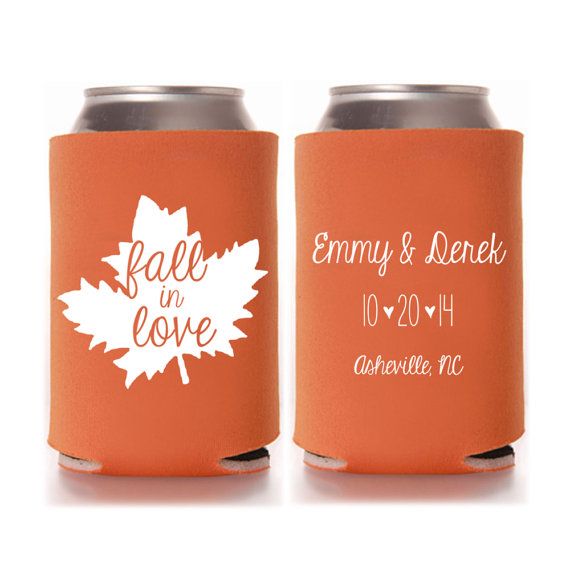 Hochzeit - Personalized Fall In Love Fall Rustic Wedding Favors,Wedding Can Coolers, Custom Beverage Insulators, Beer Huggers, Fall Wedding Favor