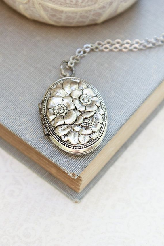 Wedding - Silver Locket Necklace Antique Silver Floral Pendant Vintage Style Photo Locket Keepsake Gift For Her Jewellery Dogwood Flowers Long Chain