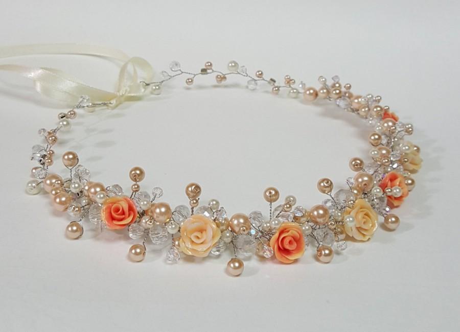 Wedding - Bridal Gold Ivory Pearls Crown,Bridal Roses Headpiece, Pearls Tiara,Flower Hair Accessories,Wedding Headband,Bridal Roses Crown by CyShell