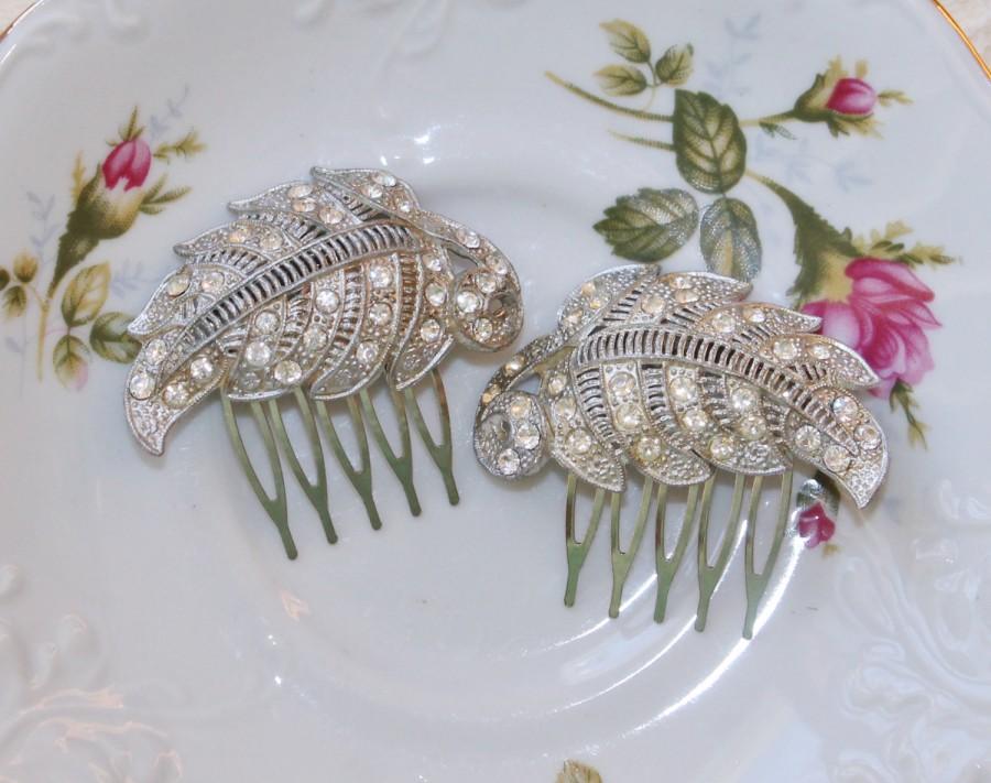 زفاف - 1920s Authentic Vintage Dress Clips to OOAK Bridal Hair Combs,Pave Paved Paste Rhinestone.Rhinestone Crystal Leaf,Leaves,Fall Wedding,Silver