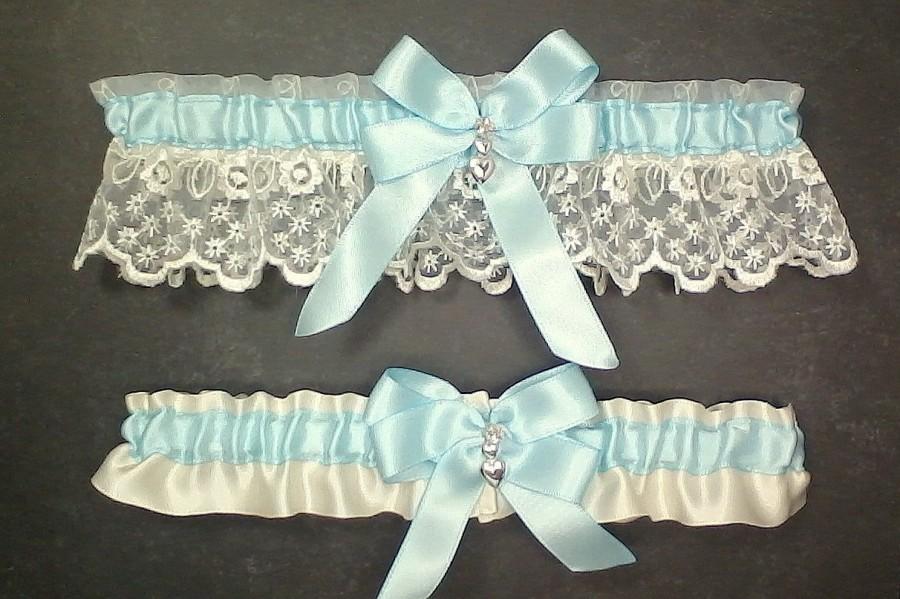 زفاف - Wedding Garter Set Light Blue on Ivory Bridal Garter Set,  Keepsake Garter, Toss Garter ~ Double Loop Bow, Hearts Charm ~ Allison Line