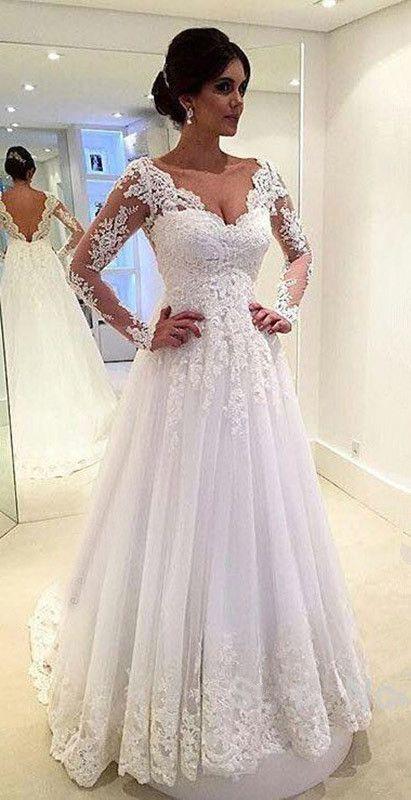 Hochzeit - Long Sleeves Lace A-line Wedding Dresses V Neck Open Back Floor Length Bridal Gowns_New A-Line Wedding Dress_A-Line Wedding Dresses_Wedding Dresses_Buy High Quality Dresses From Dress Factory