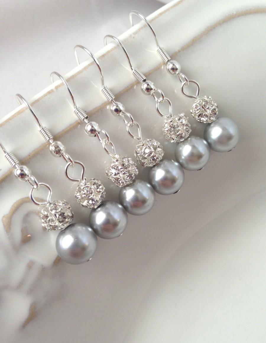 Wedding - 4 Pairs Grey Pearl Bridesmaid Earrings, Silver Pearl Earrings, Grey Pearl and Rhinestone Earrings, Light Grey Pearl and Crystal Earring 0075