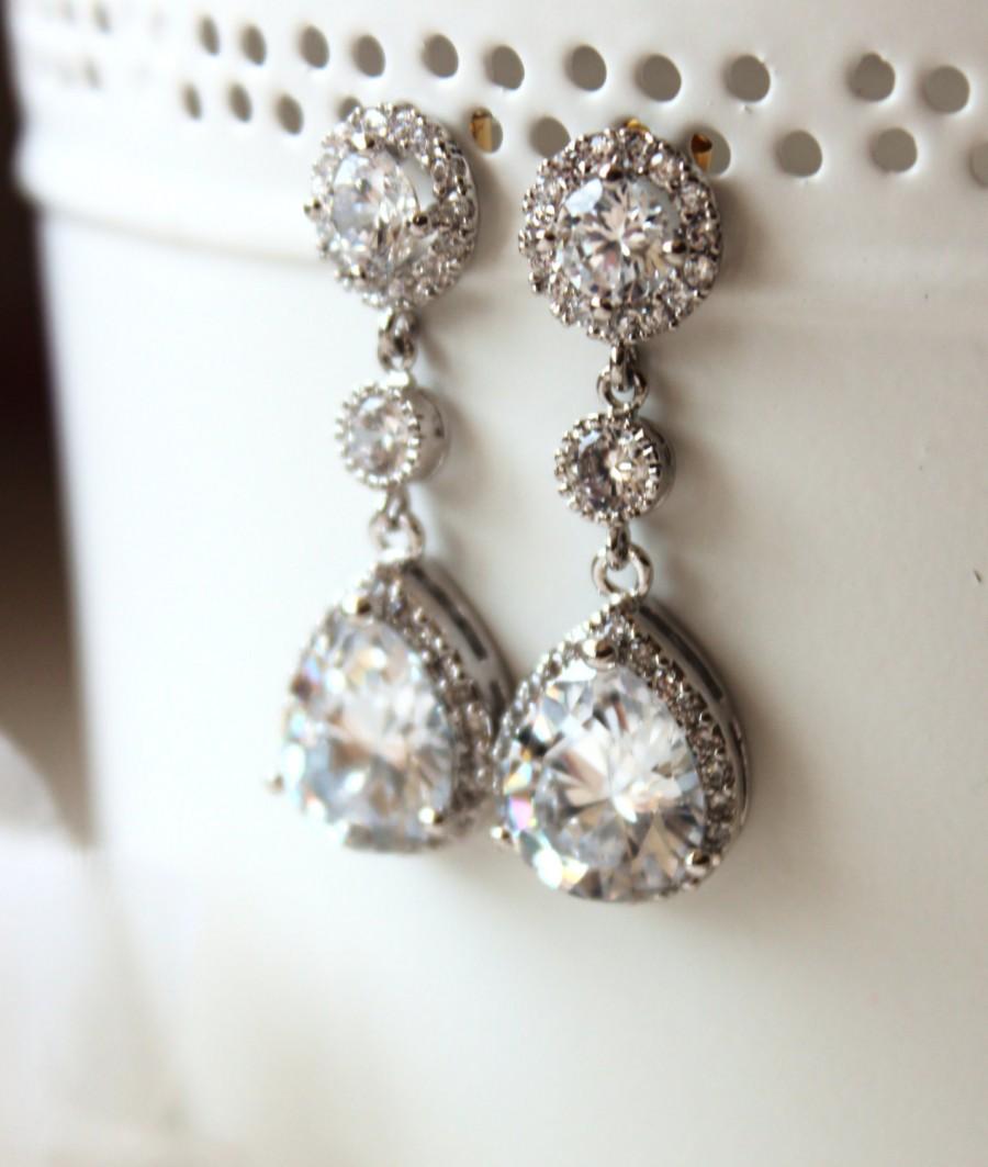 Hochzeit - Crystal Bridal Earrings Bridal Jewellery Wedding Earrings Clear white Luxury teardrop cubic zirconia Earrings Wedding Jewelry