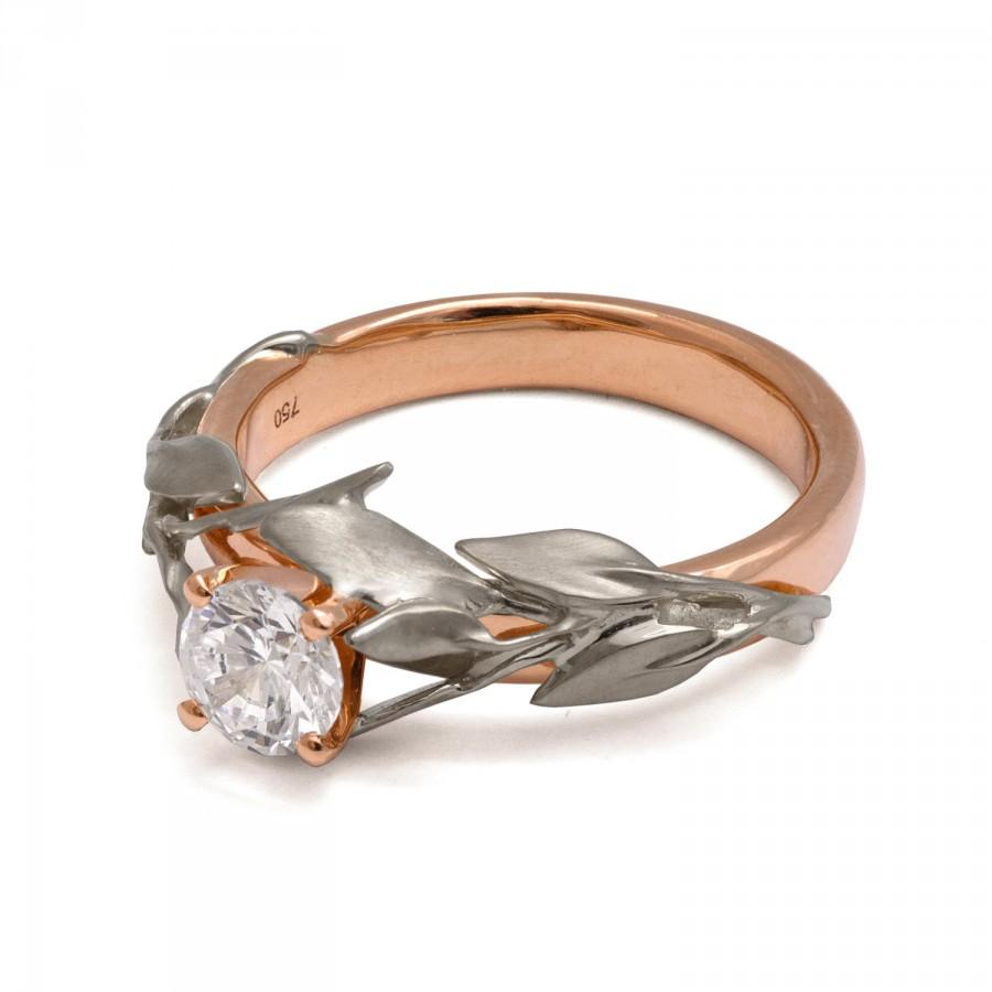 زفاف - Two Tone Leaves Ring - 18K Rose and White Gold and Diamond engagement ring,unique engagement ring, leaf ring, antique,art nouveau,vintage,4B