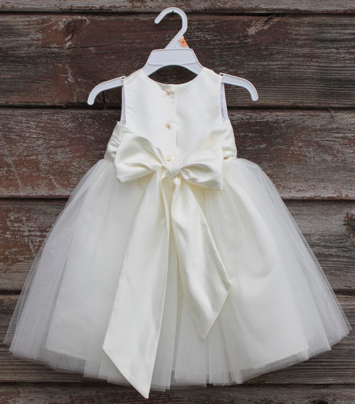 Hochzeit - Ivory Flower Girl dress bow sash pageant petals wedding bridal children bridesmaid toddler elegant