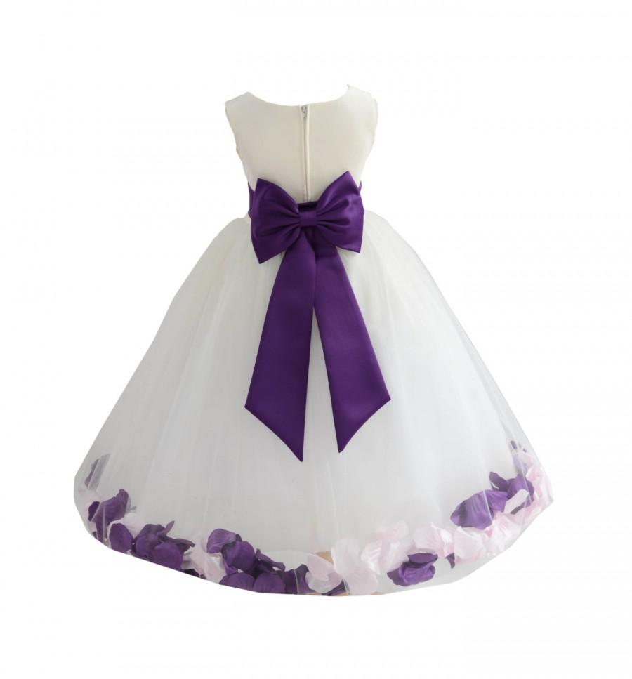 Mariage - White Flower Girl Mix Petals dress pageant wedding bridal children bridesmaid toddler elegant sizes 6-9m 12m 2 4 6 8 10 12 14 