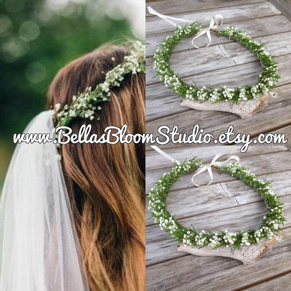 Hochzeit - White Flower Crown, Bridal Flower Crown, rustic flower Crown, Baby's Breath Crown, Woodland Crown, evergreen flower crown halo etsy